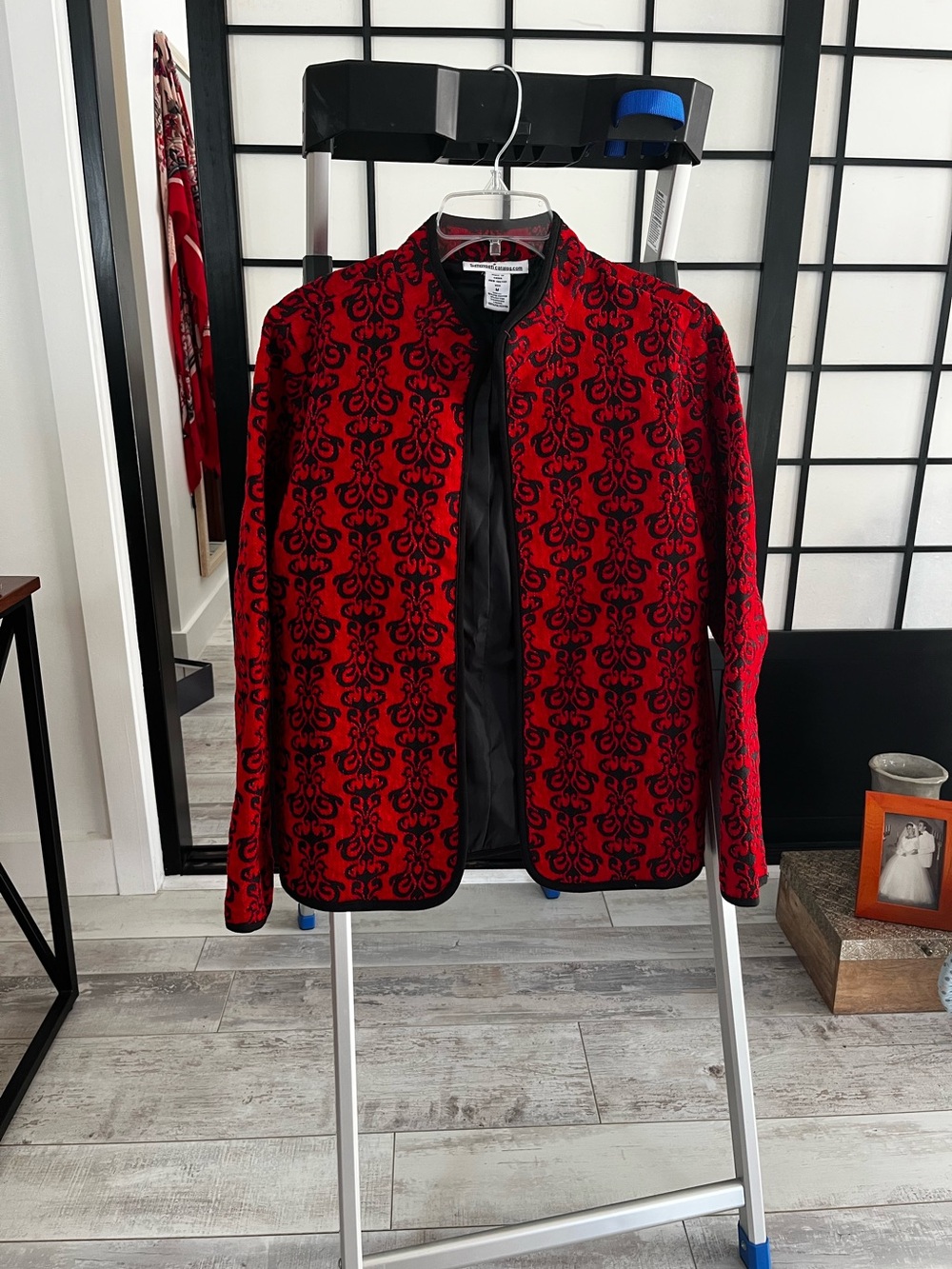 Willi Smith Red & Black Damask Open-Front Jacket